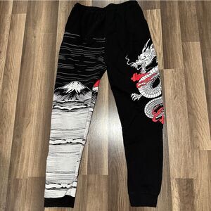 Fashion Nova Black Joggers with Mount Fuji and dragon print.  XL